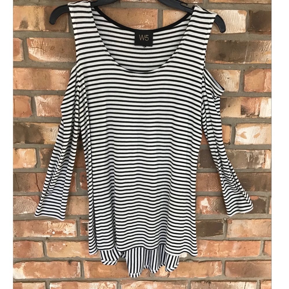 W5 Black & White Striped Cold Shoulder Top
